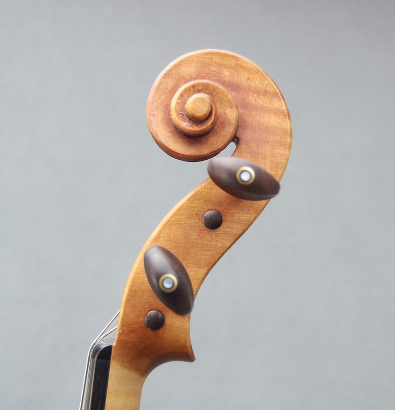 The scroll of a beautiful, handmade Titan Model Violin by Andrew Woods (side view). 